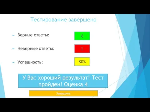 Тестирование завершено Верные ответы: Неверные ответы: Успешность: У Вас хороший результат! Тест