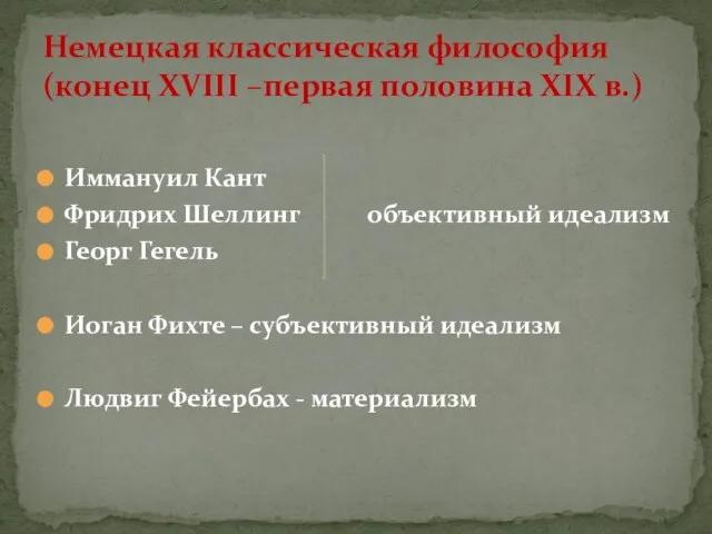 Иммануил Кант Фридрих Шеллинг объективный идеализм Георг Гегель Иоган Фихте – субъективный