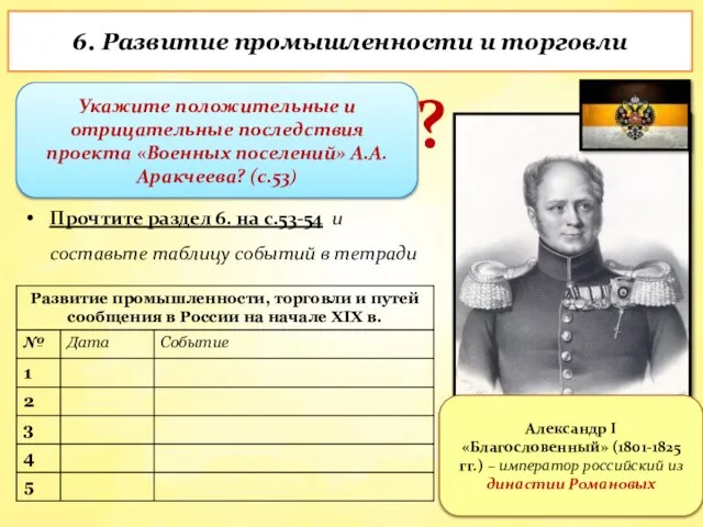 6. Развитие промышленности и торговли Александр I «Благословенный» (1801-1825 гг.) – император