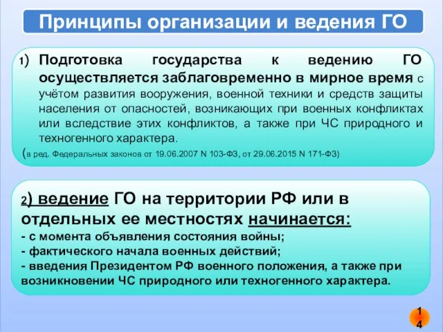 Принципы организации и ведения ГО Подготовка государства к ведению ГО осуществляется заблаговременно