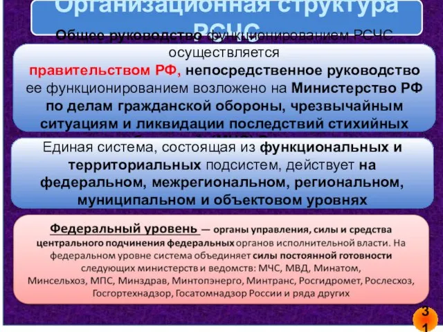 Организационная структура РСЧС Общее руководство функционированием РСЧС осуществляется правительством РФ, непосредственное руководство