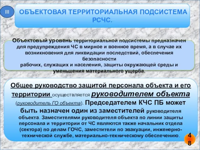 ОБЪЕКТОВАЯ ТЕРРИТОРИАЛЬНАЯ ПОДСИСТЕМА РСЧС. III Объектовый уровень территориальной подсистемы предназначен для предупреждения