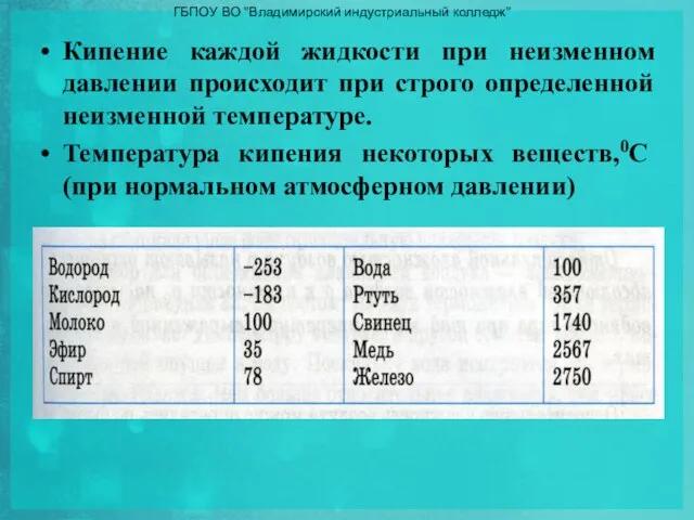 Кипение каждой жидкости при неизменном давлении происходит при строго определенной неизменной температуре.