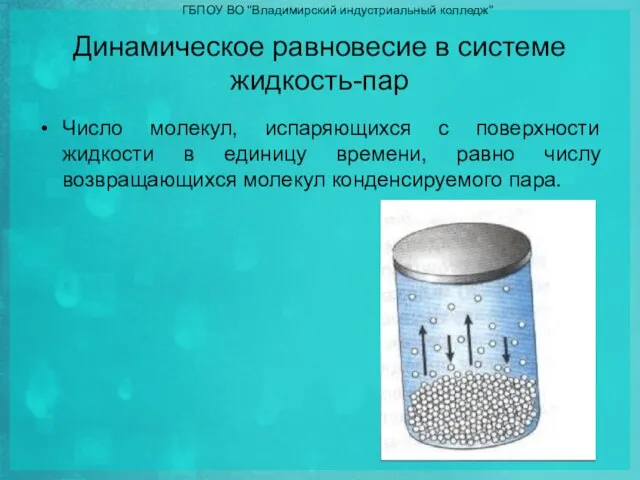 Динамическое равновесие в системе жидкость-пар Число молекул, испаряющихся с поверхности жидкости в