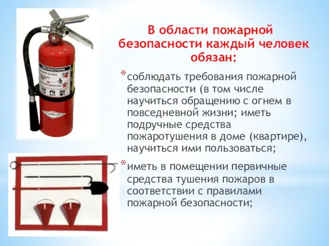 В области пожарной безопасности каждый человек обязан: соблюдать требования пожарной безопасности (в