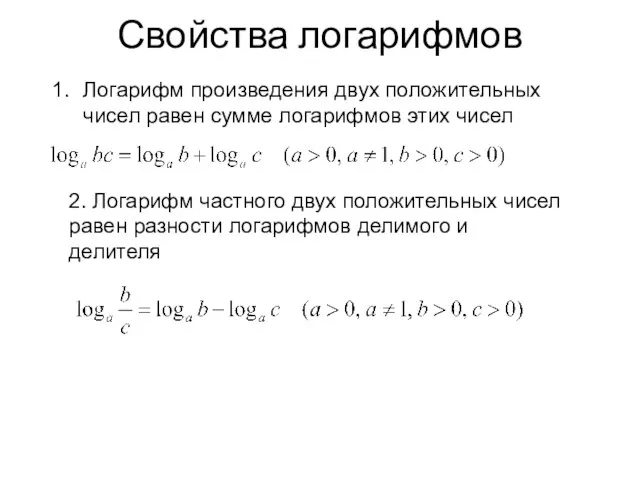 Свойства логарифмов Логарифм произведения двух положительных чисел равен сумме логарифмов этих чисел