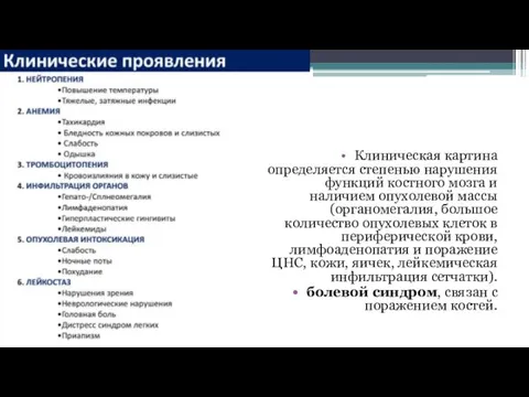 Клиническая картина определяется степенью нарушения функций костного мозга и наличием опухолевой массы