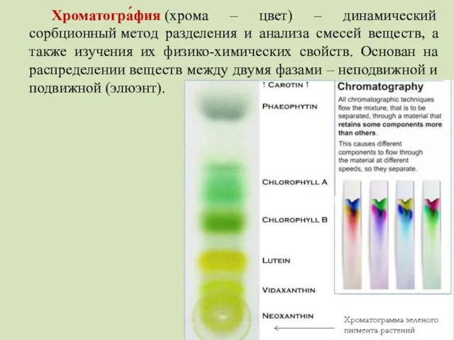 Хроматогра́фия (хрома – цвет) – динамический сорбционный метод разделения и анализа смесей