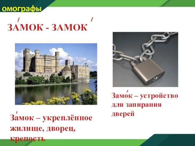 ЗАМОК - ЗАМОК Замок – укреплённое жилище, дворец, крепость омографы Замок – устройство для запирания дверей