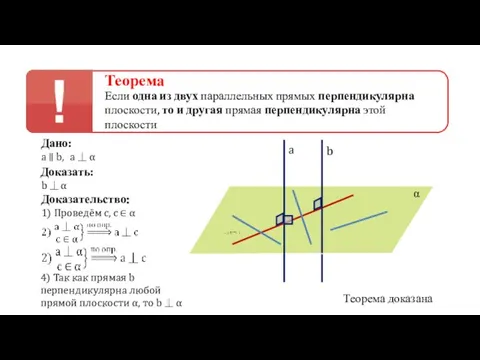 Теорема Если одна из двух параллельных прямых перпендикулярна плоскости, то и другая