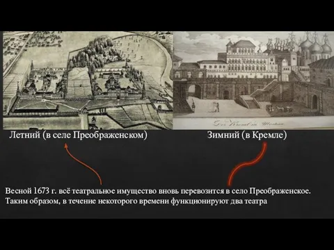 Весной 1673 г. всё театральное имущество вновь перевозится в село Преображенское. Таким