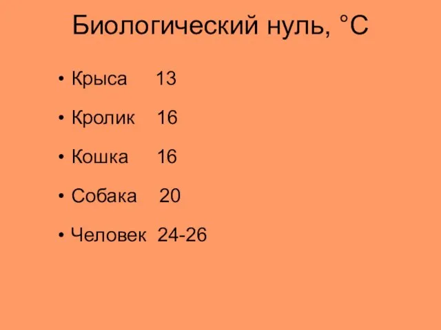 Биологический нуль, °С Крыса 13 Кролик 16 Кошка 16 Собака 20 Человек 24-26