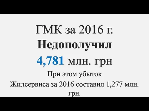 ГМК за 2016 г. Недополучил 4,781 млн. грн При этом убыток Жилсервиса