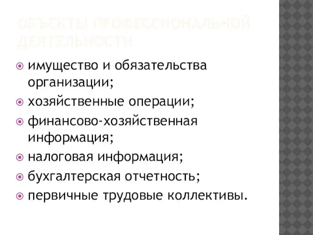 ОБЪЕКТЫ ПРОФЕССИОНАЛЬНОЙ ДЕЯТЕЛЬНОСТИ имущество и обязательства организации; хозяйственные операции; финансово-хозяйственная информация; налоговая