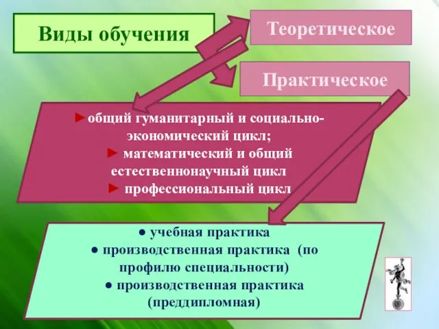 Виды обучения Теоретическое Практическое ►общий гуманитарный и социально-экономический цикл; ► математический и