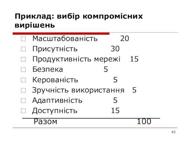 Приклад: вибір компромісних вирішень Масштабованість 20 Присутність 30 Продуктивність мережі 15 Безпека