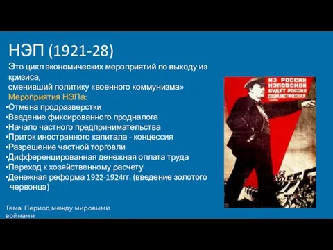 Тема: Период между мировыми войнами НЭП (1921-28) Это цикл экономических мероприятий по