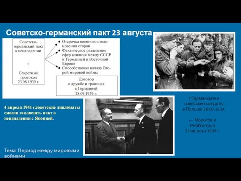 Тема: Период между мировыми войнами Советско-германский пакт 23 августа 1939 г. ↑