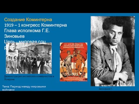 Тема: Период между мировыми войнами Создание Коминтерна 1919 – 1 конгресс Коминтерна