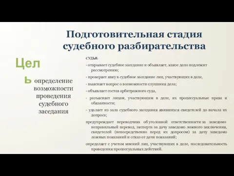 Подготовительная стадия судебного разбирательства определение возможности проведения судебного заседания Цель СУДЬЯ: -