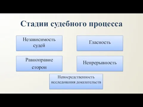 Стадии судебного процесса Независимость судей Непрерывность Равноправие сторон Непосредственность исследования доказательств Гласность