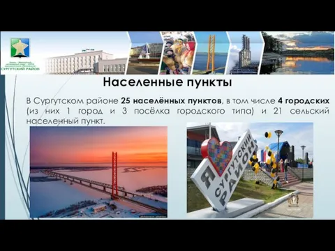 Населенные пункты В Сургутском районе 25 населённых пунктов, в том числе 4