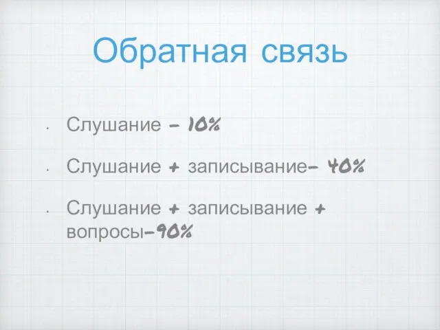 Обратная связь Слушание - 10% Слушание + записывание- 40% Слушание + записывание + вопросы-90%