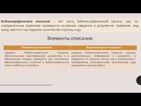 Библиографическое описание – это часть библиографической записи, где, по определенным правилам приводятся