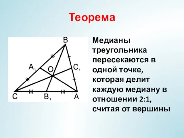 Теорема Медианы треугольника пересекаются в одной точке, которая делит каждую медиану в