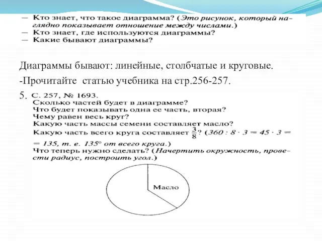 Диаграммы бывают: линейные, столбчатые и круговые. -Прочитайте статью учебника на стр.256-257. 5.