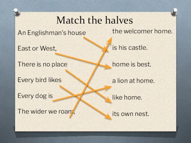 Match the halves An Englishman's house East or West, There is no