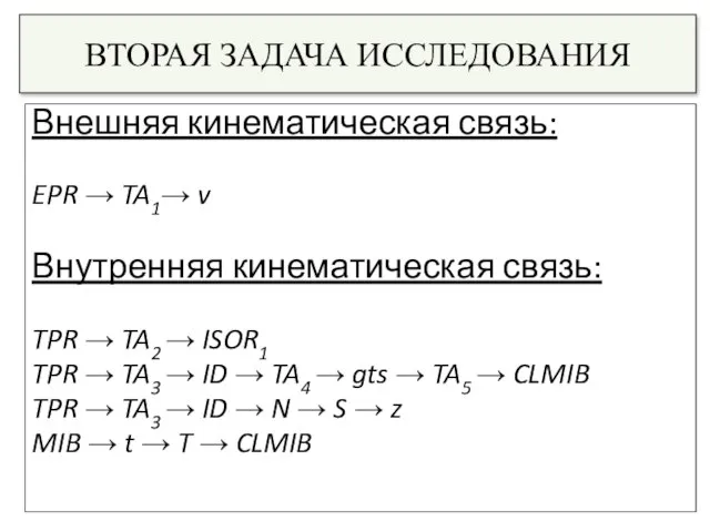 ВТОРАЯ ЗАДАЧА ИССЛЕДОВАНИЯ Внешняя кинематическая связь: EPR → TA1→ v Внутренняя кинематическая