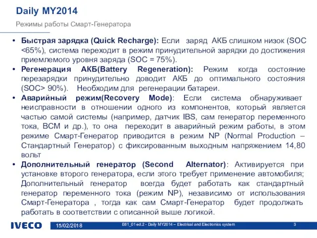 Режимы работы Смарт-Генератора Daily MY2014 Быстрая зарядка (Quick Recharge): Если заряд АКБ