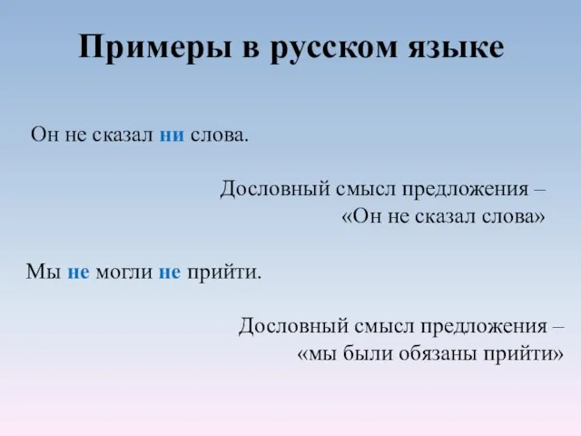 Примеры в русском языке Он не сказал ни слова. Дословный смысл предложения