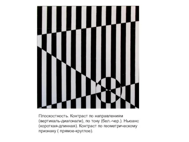 Плоскостность. Контраст по направлениям (вертикаль-диагонали), по тону (бел.-чер.). Ньюанс (короткая-длинная). Контраст по геометрическому признаку ( прямое-круглое).