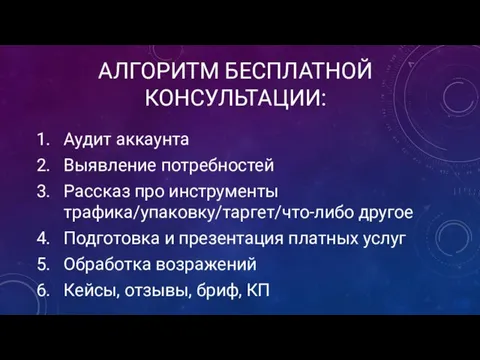 АЛГОРИТМ БЕСПЛАТНОЙ КОНСУЛЬТАЦИИ: Аудит аккаунта Выявление потребностей Рассказ про инструменты трафика/упаковку/таргет/что-либо другое