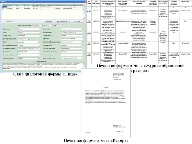 Окно диалоговой формы «Лица» Печатная форма отчета «Журнал обращений граждан» Печатная форма отчета «Рапорт»