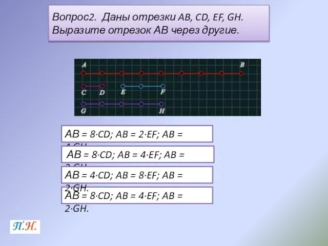 Вопрос2. Даны отрезки AB, CD, EF, GH. Выразите отрезок АВ через другие.