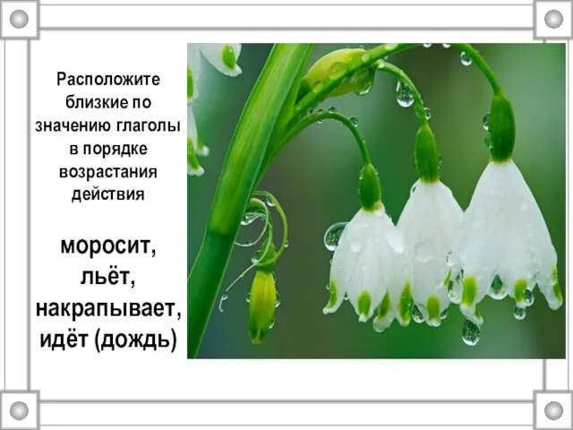 Расположите близкие по значению глаголы в порядке возрастания действия моросит, льёт, накрапывает, идёт (дождь)