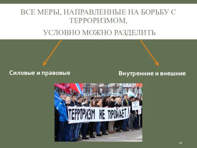 ВСЕ МЕРЫ, НАПРАВЛЕННЫЕ НА БОРЬБУ С ТЕРРОРИЗМОМ, УСЛОВНО МОЖНО РАЗДЕЛИТЬ Силовые и правовые Внутренние и внешние