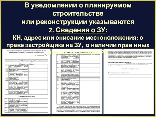 В уведомлении о планируемом строительстве или реконструкции указываются 2. Сведения о ЗУ: