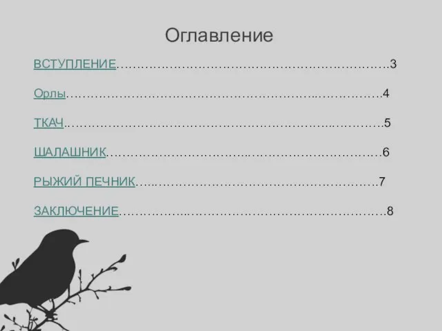 Оглавление ВСТУПЛЕНИЕ………………………………………………………….3 Орлы……………………………………………………..…………….4 ТКАЧ.………………………………………………………..………….5 ШАЛАШНИК……………………………..……………………………6 РЫЖИЙ ПЕЧНИК…..……………………………………………….7 ЗАКЛЮЧЕНИЕ……………..………………………………………….8