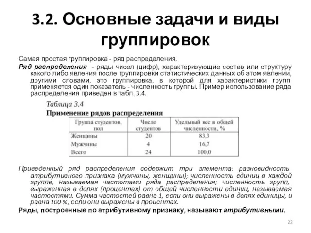 3.2. Основные задачи и виды группировок Самая простая группировка - ряд распределения.