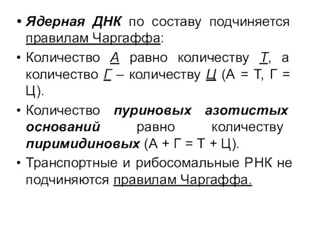 Ядерная ДНК по составу подчиняется правилам Чаргаффа: Количество А равно количеству Т,