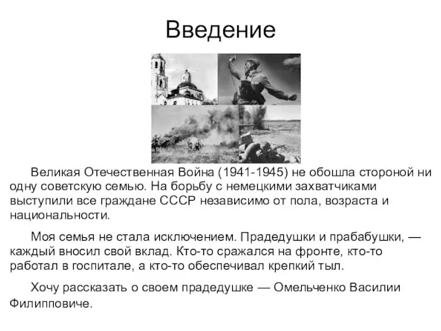 Введение Великая Отечественная Война (1941-1945) не обошла стороной ни одну советскую семью.