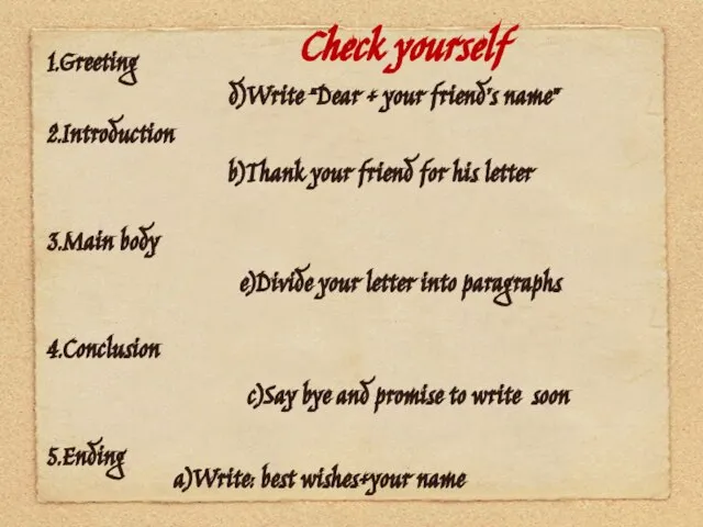 1.Greeting 2.Introduction 3.Main body 4.Conclusion 5.Ending a)Write: best wishes+your name b)Thank your