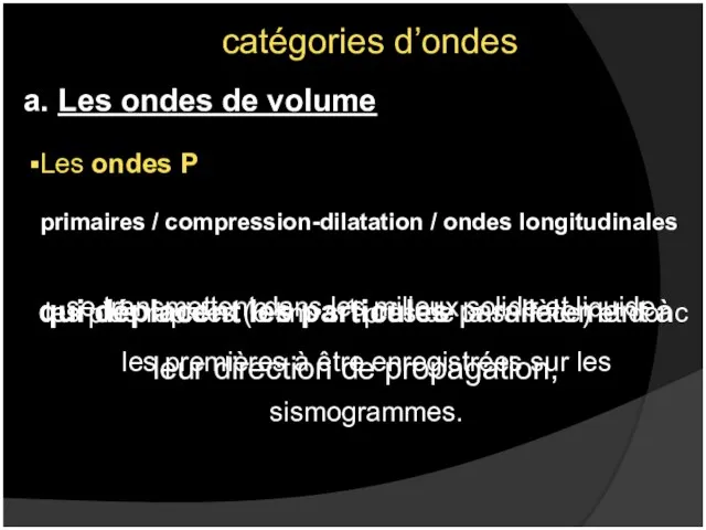 catégories d’ondes a. Les ondes de volume Les ondes P qui déplacent