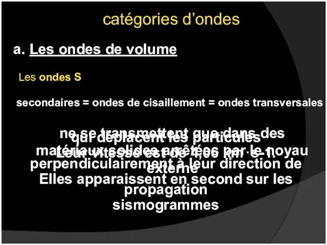 catégories d’ondes a. Les ondes de volume Les ondes S secondaires =