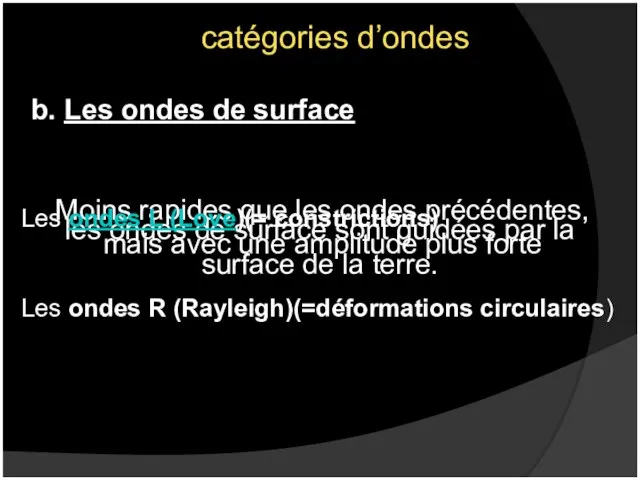 catégories d’ondes b. Les ondes de surface Moins rapides que les ondes