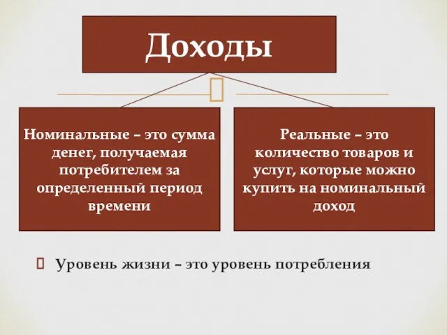 Уровень жизни – это уровень потребления Доходы Номинальные – это сумма денег,